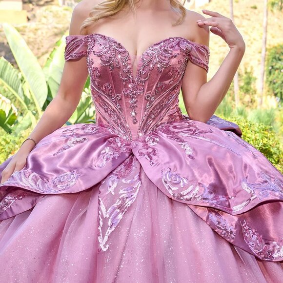 New Dusty Rose Off The Shoulder Maxi Satin Quinceanera Gown w/ Sequins GL3794 - Picture 5 of 14